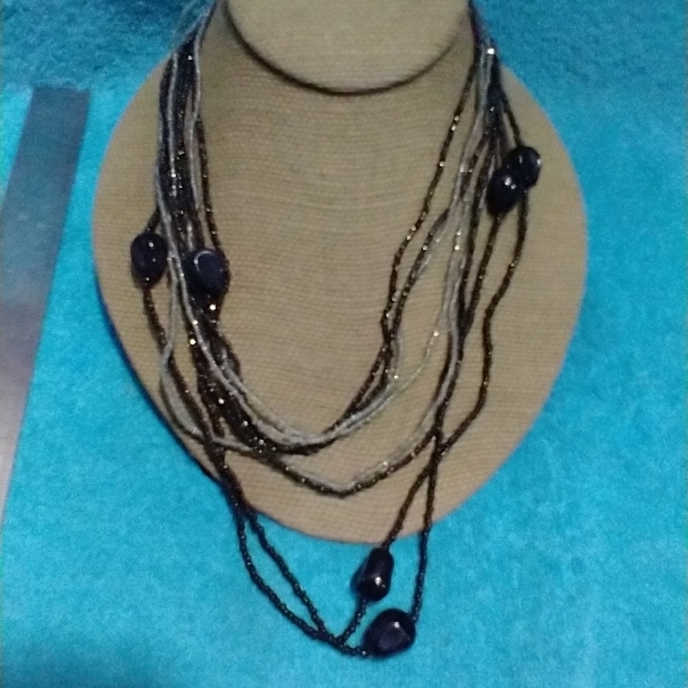 Elegant Black Clear Beaded Necklace 3 in 1 layered vintage
